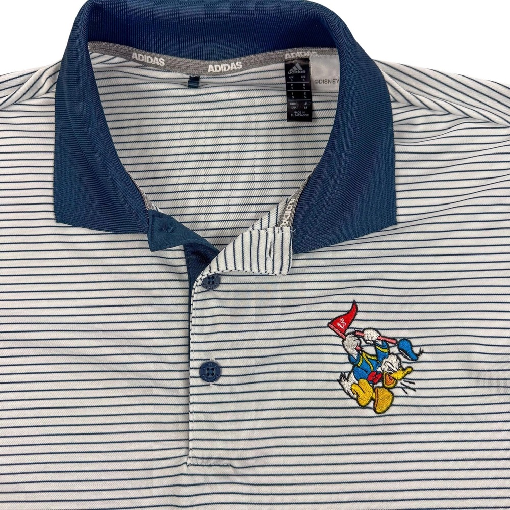 Adidas Donald Duck Polo Shirt Mens Small White Stripe Disney Golf Performance